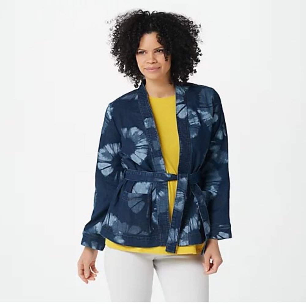 Logo Lavish by Lori Goldstein Shibori Print Denim Wrap Jacket